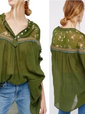 Free People Olive Green Tunic with Subtle Floral Print
